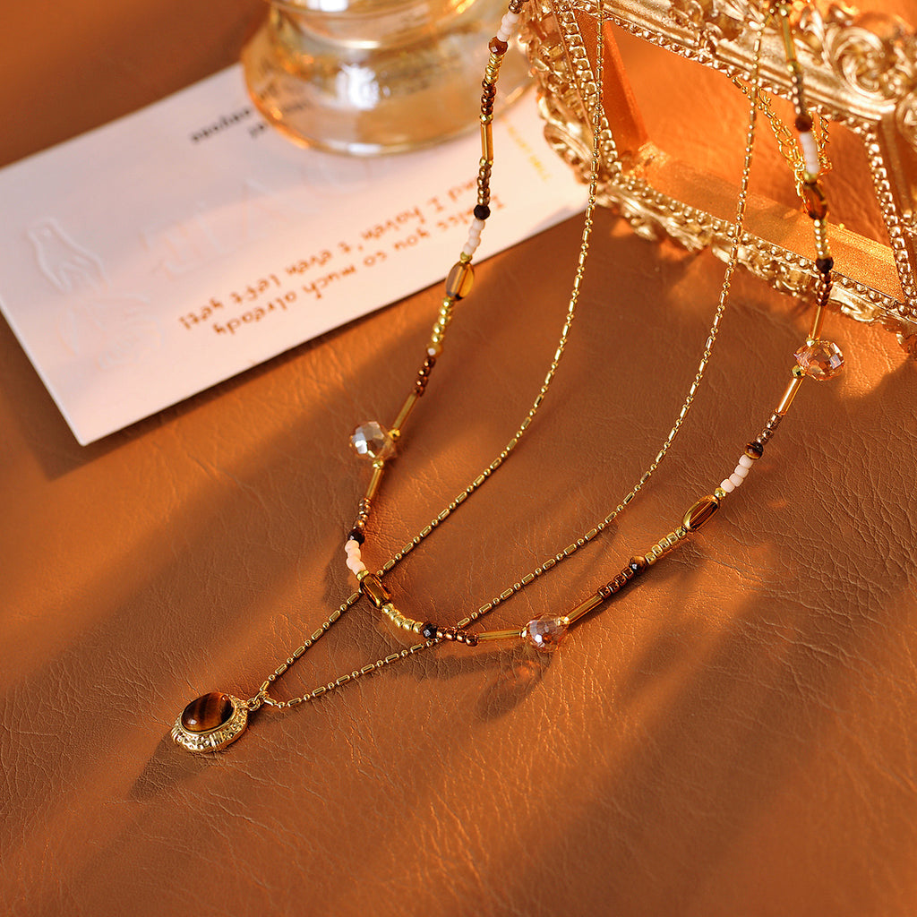 Double Layer Stacked Necklace with Diamonds and Natural Shell Pearl Single Pendant Necklace Light Luxury High-end Clavicle Chain