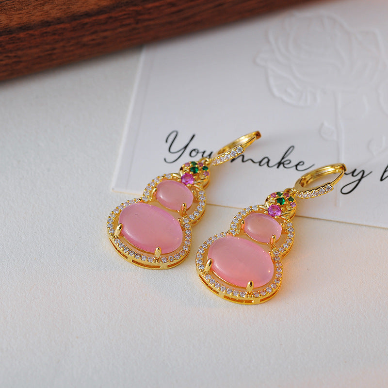 Fulu Mianmian~ National Style Pink Gourd Necklace Earrings Light Luxury High-end Earrings Sweet Temperament Women's Earrings