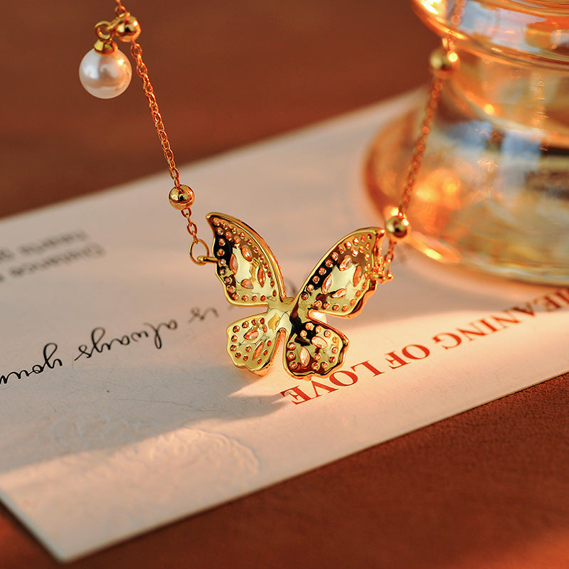 Fashion Versatile Pearl Necklace for Women, High-End Elegant Light Luxury Zircon Butterfly Collarbone Chain, Minimalist Style Neck Chain Accessory