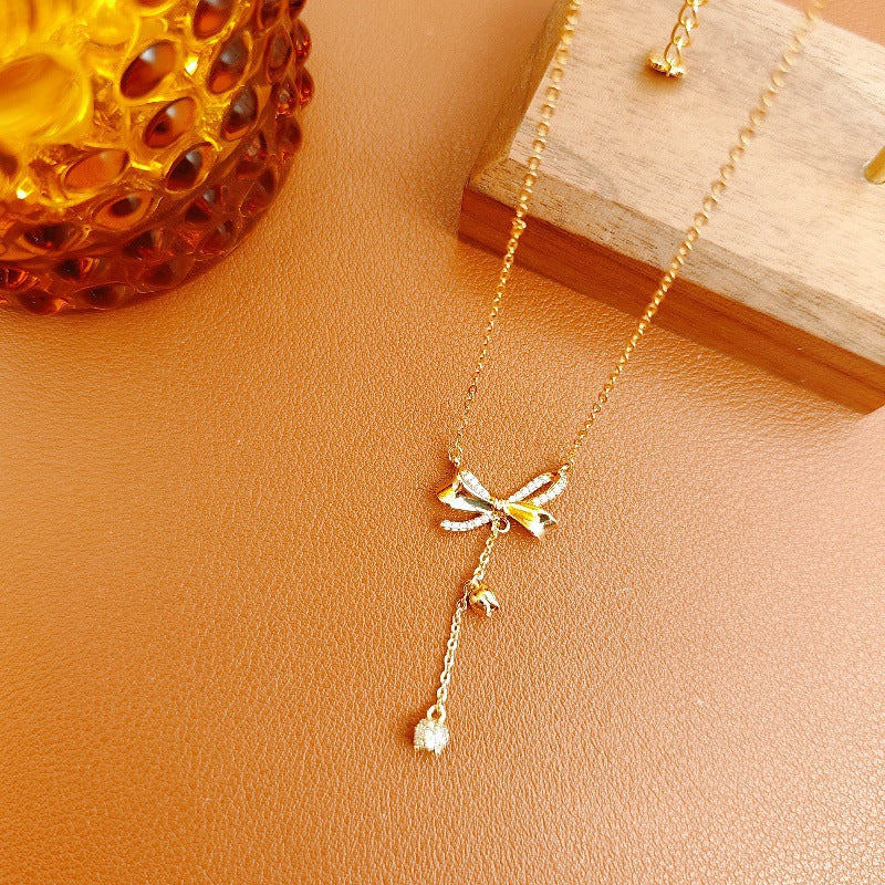 Butterfly Knot Tassel Lily of the Valley Pendant Necklace for Women, Niche Design, Light Luxury, Versatile, High-End Collarbone Chain