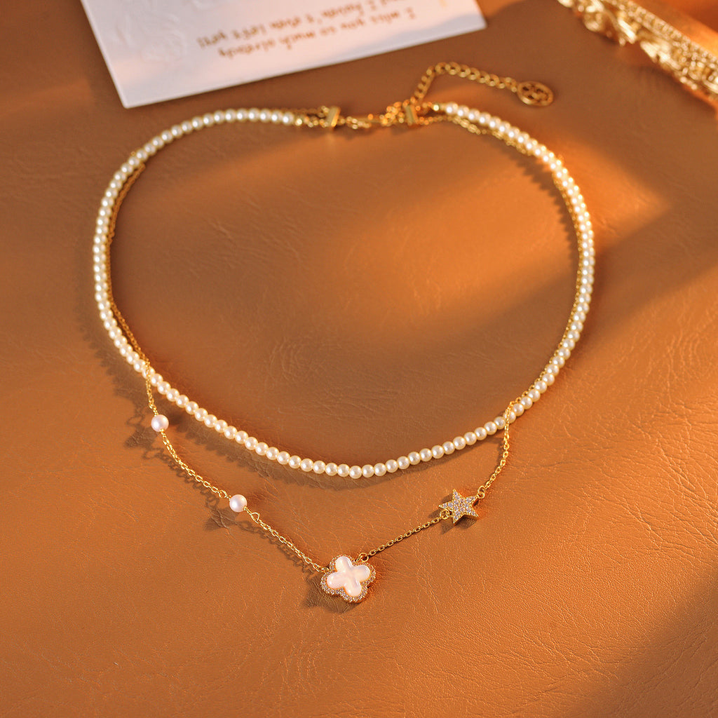 Hot-Selling Light Luxury High-End Double-Layer Stacked Pearl Four-Leaf Clover Mother-of-Pearl Bracelet Necklace Personality Simple