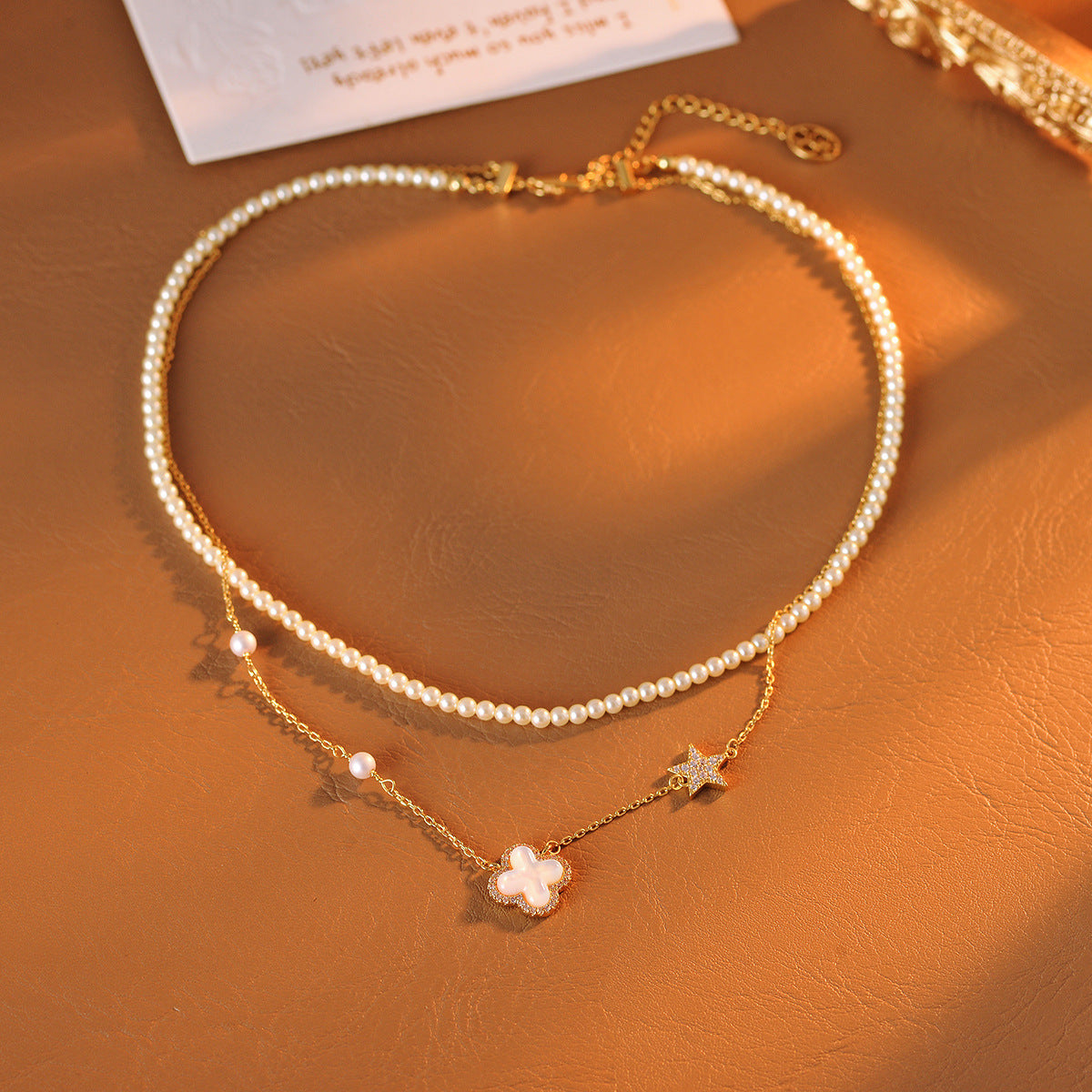 Hot-Selling Light Luxury High-End Double-Layer Stacked Pearl Four-Leaf Clover Mother-of-Pearl Bracelet Necklace Personality Simple