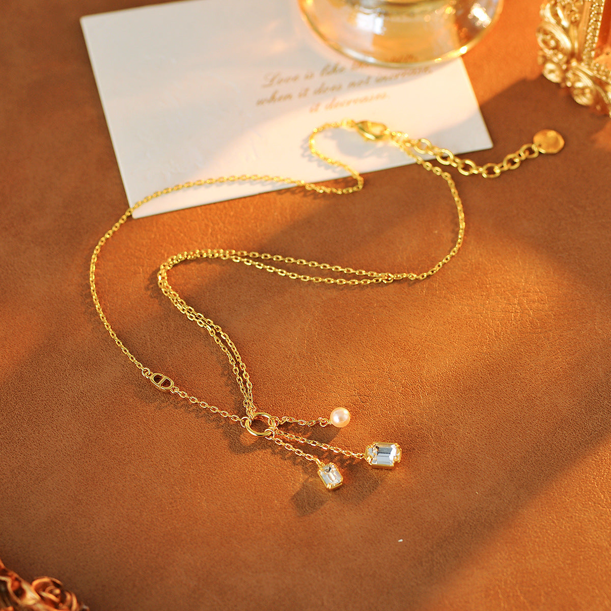 New Square Diamond Pendant Earrings Pearl Necklace Chain Clavicle Chain High-end Versatile Fashion New Style