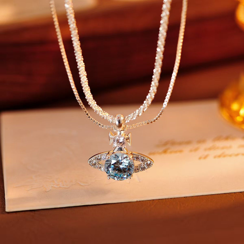 Saturn Double Layer Stacked Necklace for Women, Unique European and American INS Style, Niche Design, Light Luxury, High-End Collarbone Chain