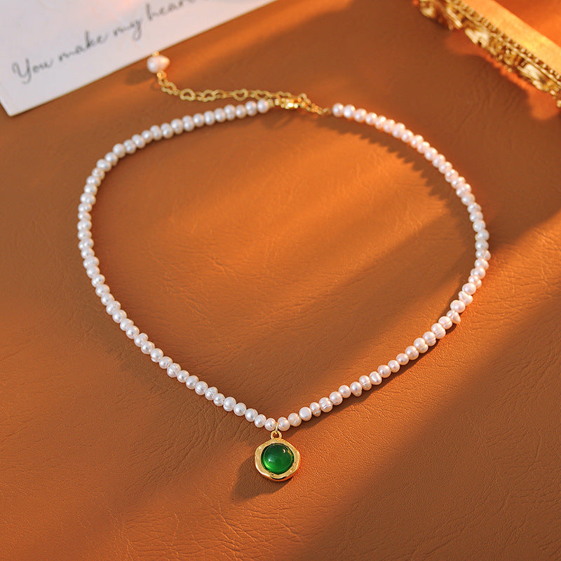 New Chinese Style Natural Green Chalcedony Shijia Pearl Necklace Elegant Fashion High-end Sense Neck Chain Clavicle Chain