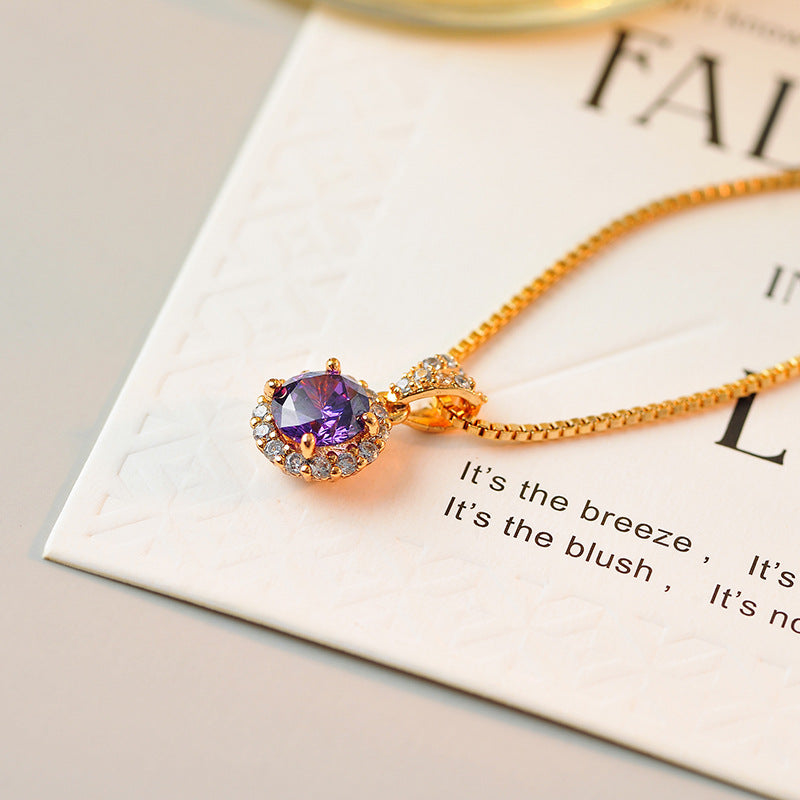 Japanese and Korean Style Internet Celebrity Four-Claw Inlaid Craft Purple Zircon Niche New Design Pendant Elegant Necklace