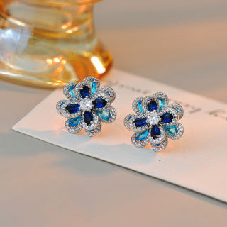 European and American Style Colorful Blue Zircon Flower Necklace Simple Three-Dimensional Camellia Pendant