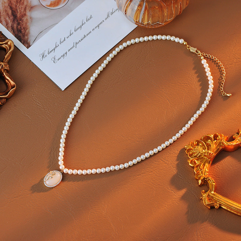 New Oval Shijia Pearl Relief Rose Flower Necklace Simple Versatile Fashionable Elegant Collarbone Chain A10260