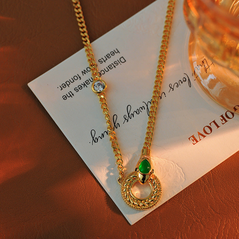 Cuban High-End Metallic Silver Gemstone Braided Sweater Necklace High-End Light Luxury Niche Snake Head Collarbone Chain