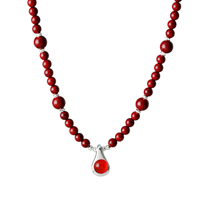 Original Niche Design Autumn Winter Wine Red Shijia Glass Bead Necklace for Women Light Luxury High-end Water Drop Pendant Collarbone Chain