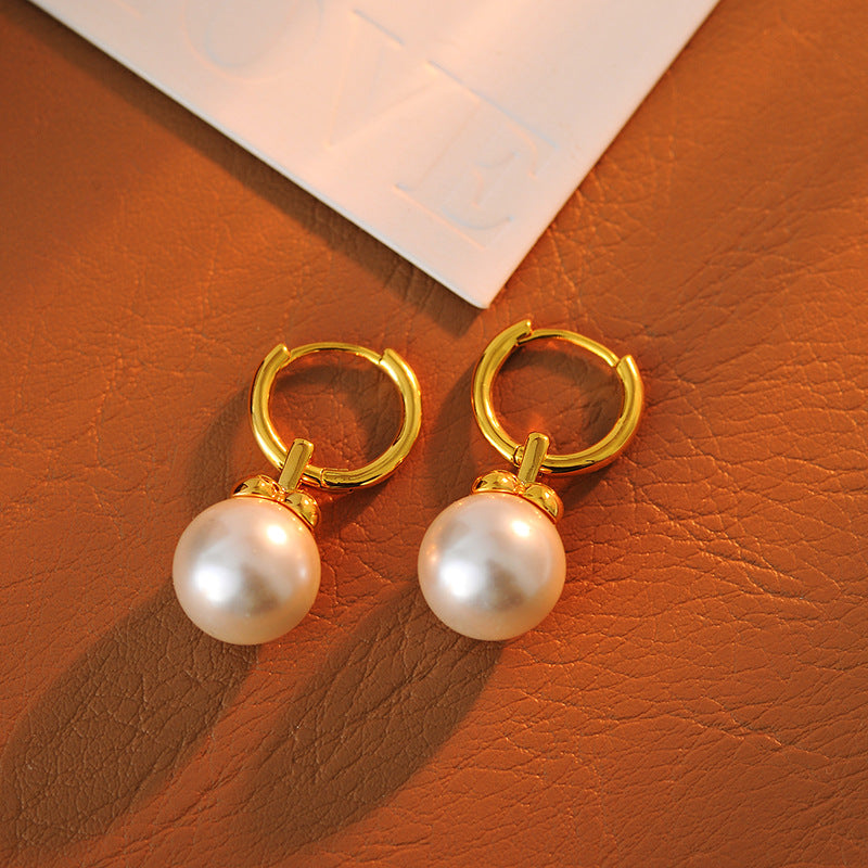 Vintage Hong Kong Style Copper Gold-Plated Pearl Necklace Elegant Lady Earrings Ins Style Simple Fashion Earrings Wholesale