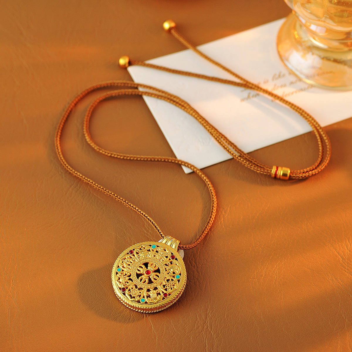 Traditional Hollow Filigree Enamel Eight Treasures Compass Pendant Braided Necklace for Women New Chinese Style High-end Feel