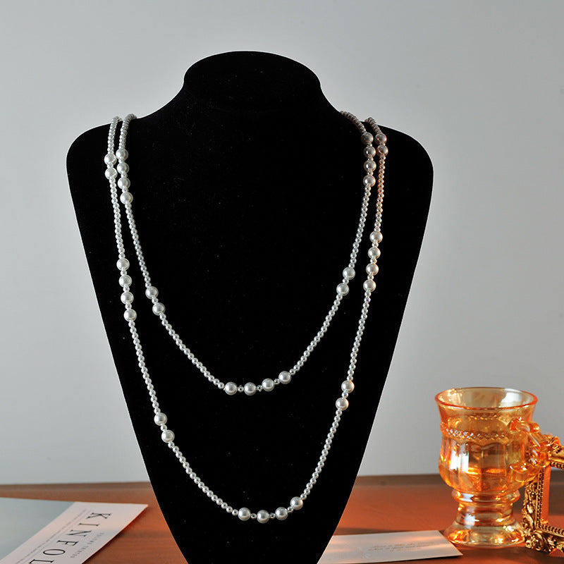 Autumn Winter Trendy Korean Style Elegant Fashion Large and Small Pearl Irregular Spaced Long Multi-layer Stacked Necklace Sweater Chain