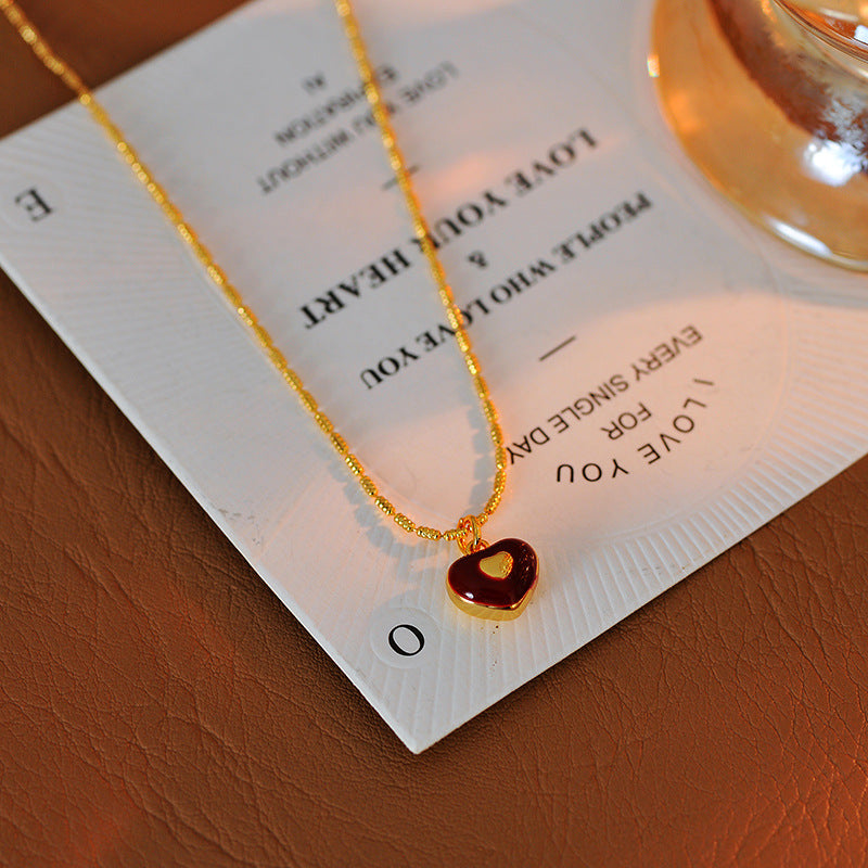 2025 New Red Glaze Heart Necklace Light Luxury Elegant Versatile Fashion Jewelry for Women