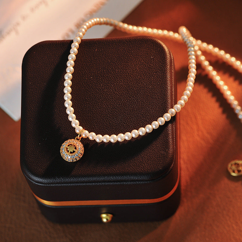 New Year Necklace Light Luxury Elegant Versatile Micro Inlaid Zircon Hollow Eight-Pointed Star Pendant Pearl Necklace for Women