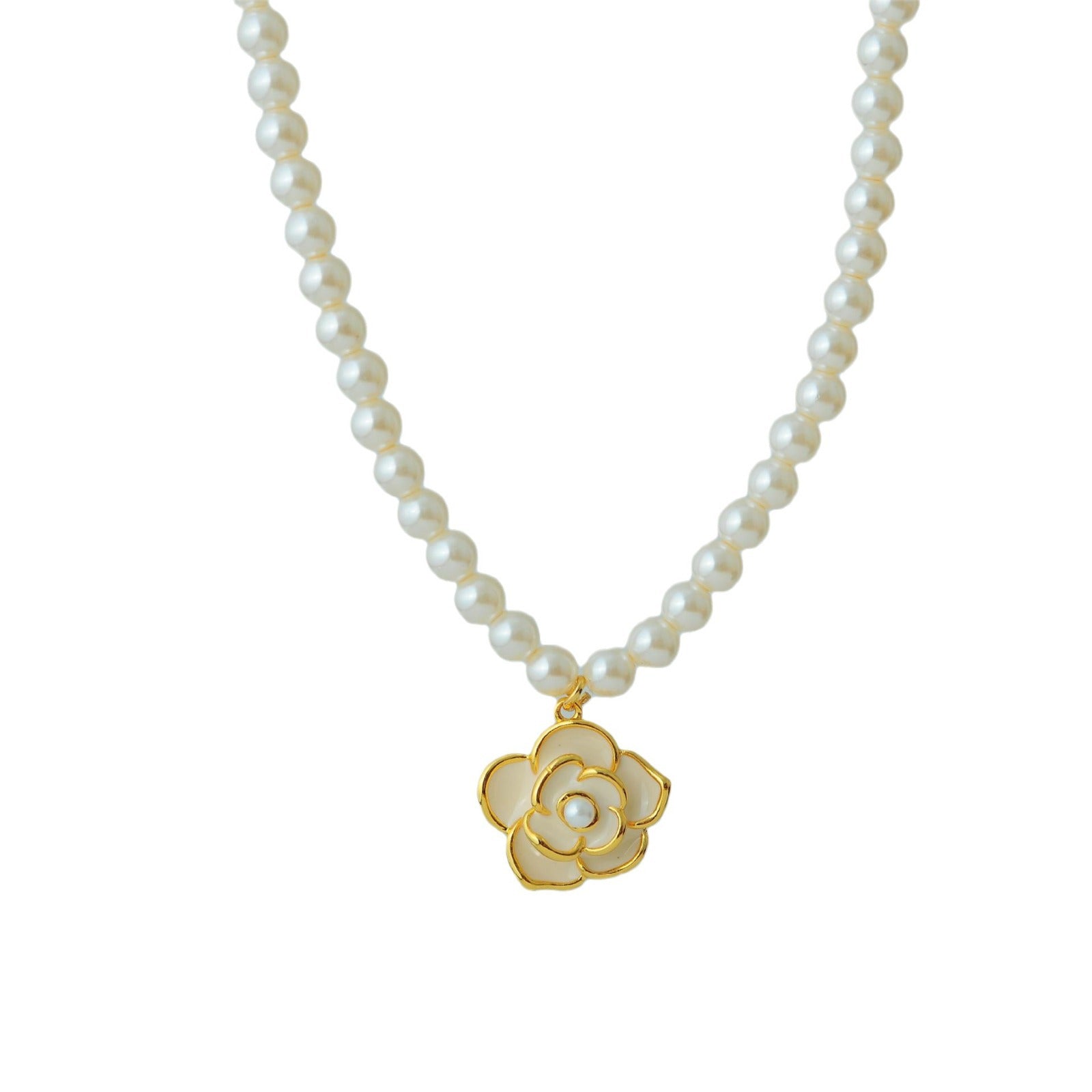 French Style High-End Imitation Shijia True Round Pearl Necklace Elegant Light Luxury Camellia Necklace Vintage A10049