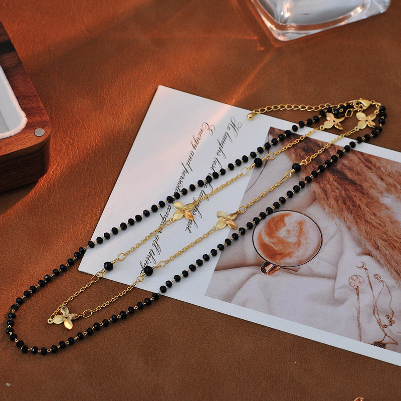 Electroplated Fashion Exquisite Double Layer Stacked Four-Leaf Flower Obsidian High-End Personality Necklace Versatile Collarbone Chain Choker