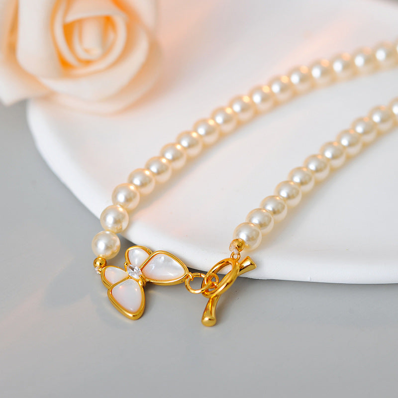 European and American INS Fashion New OT Buckle Butterfly Shell Pearl Necklace for Women Versatile High-end Light Luxury Exquisite Choker