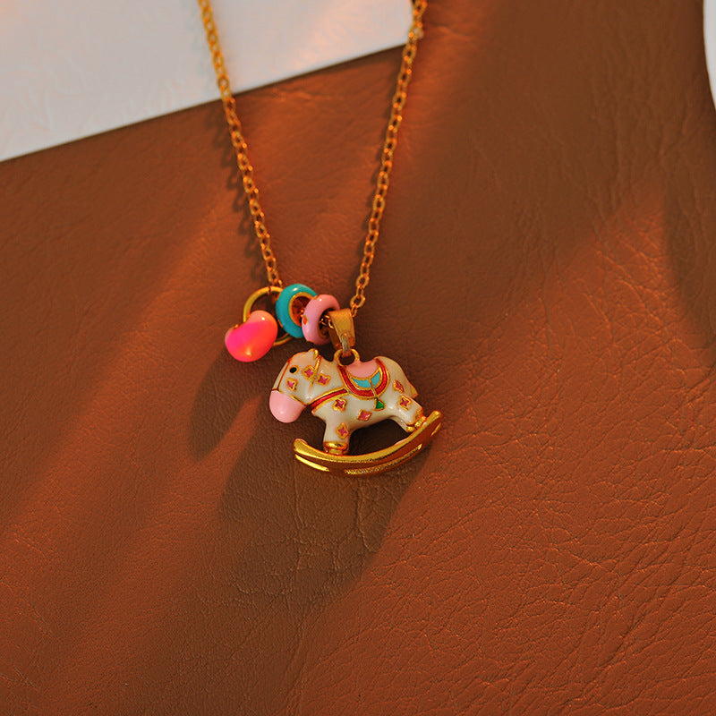 New Chinese Style Carousel Necklace for Women Dopamine Strong Treasure Color All Things Have Joy Collarbone Chain Enamel Oil Paint Necklace