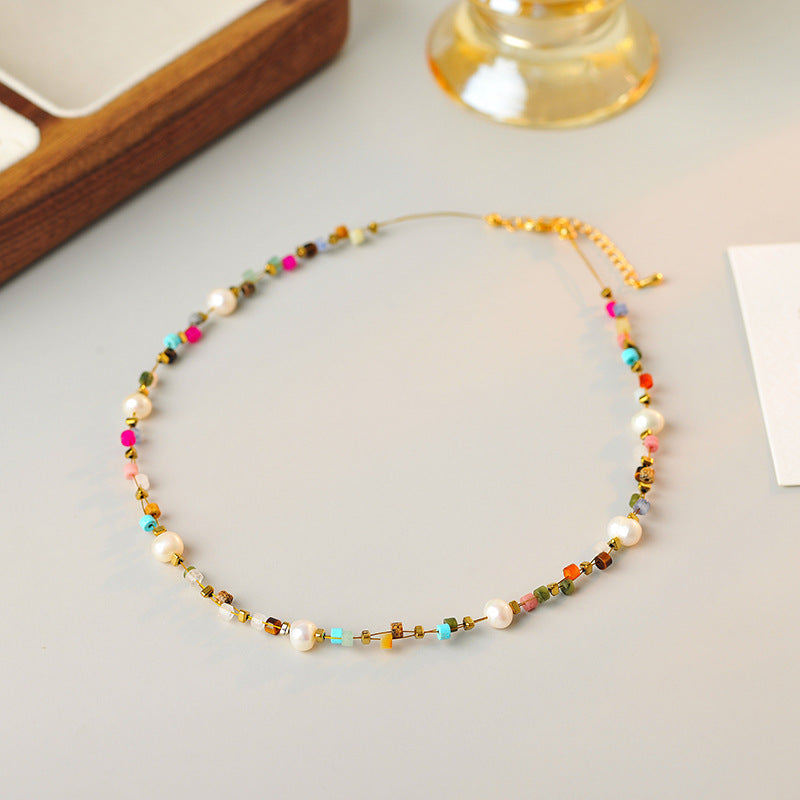 Dopamine Pearl Colorful Beaded Stone Collarbone Necklace Niche High-End Light Luxury Summer Cool Style