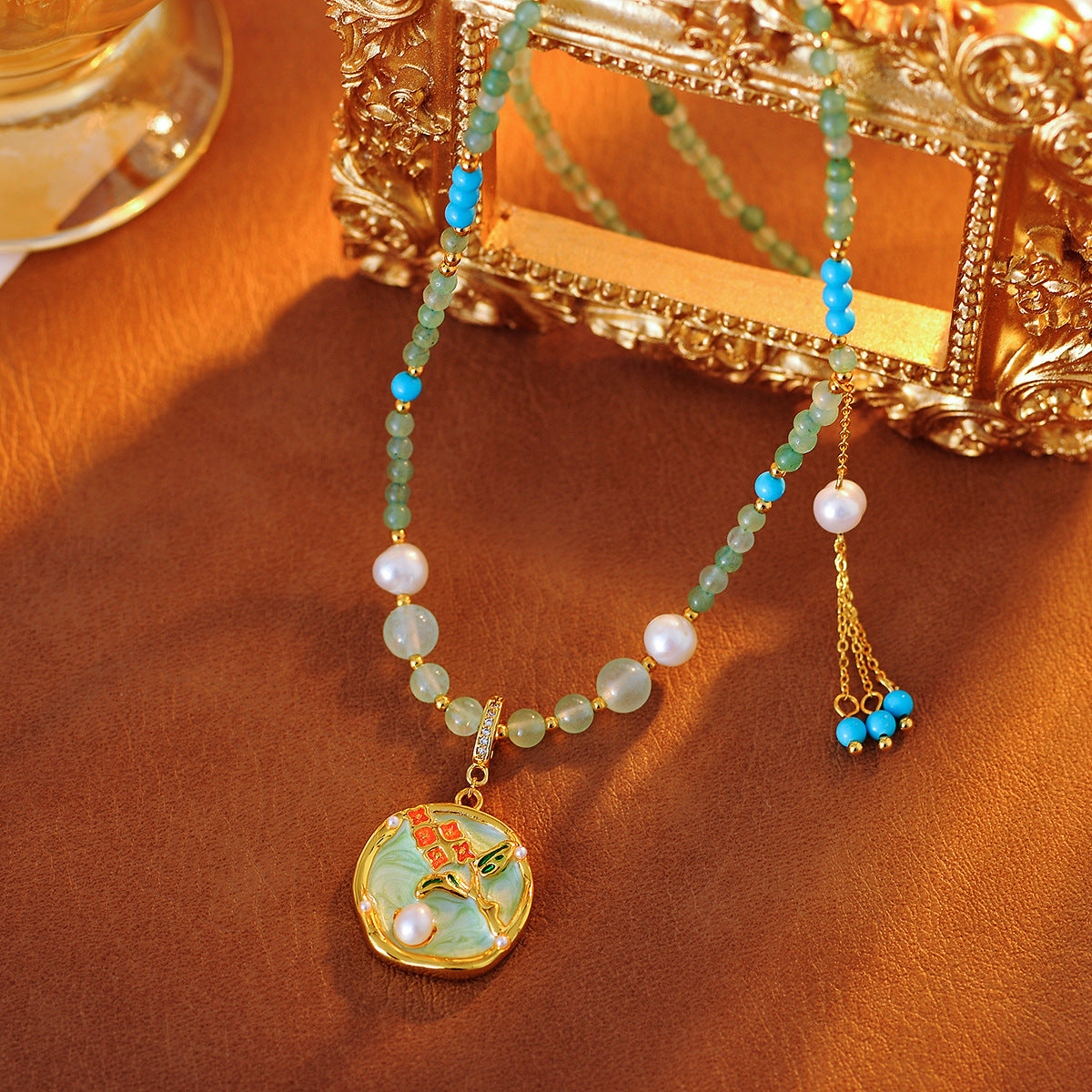 New Chinese Style 2025 Retro Glaze Flower Pearl Pendant Necklace High-End Niche Design Choker