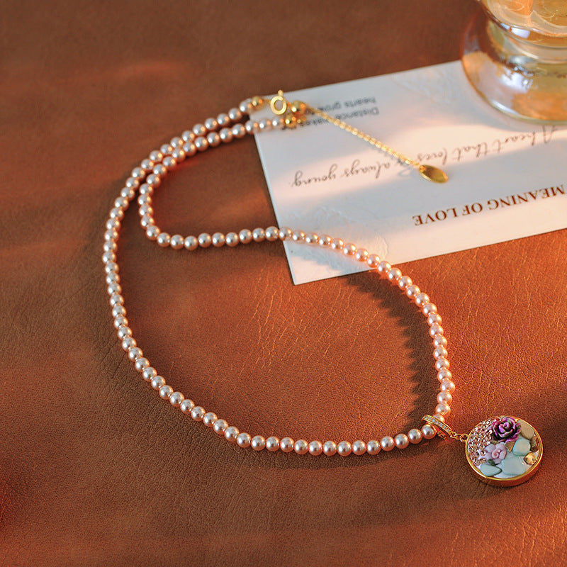 Oil Painting Style Pearl Necklace for Women New Chinese Style National Style Flower Artistic Retro 2025 New Niche Design Clavicle Chain