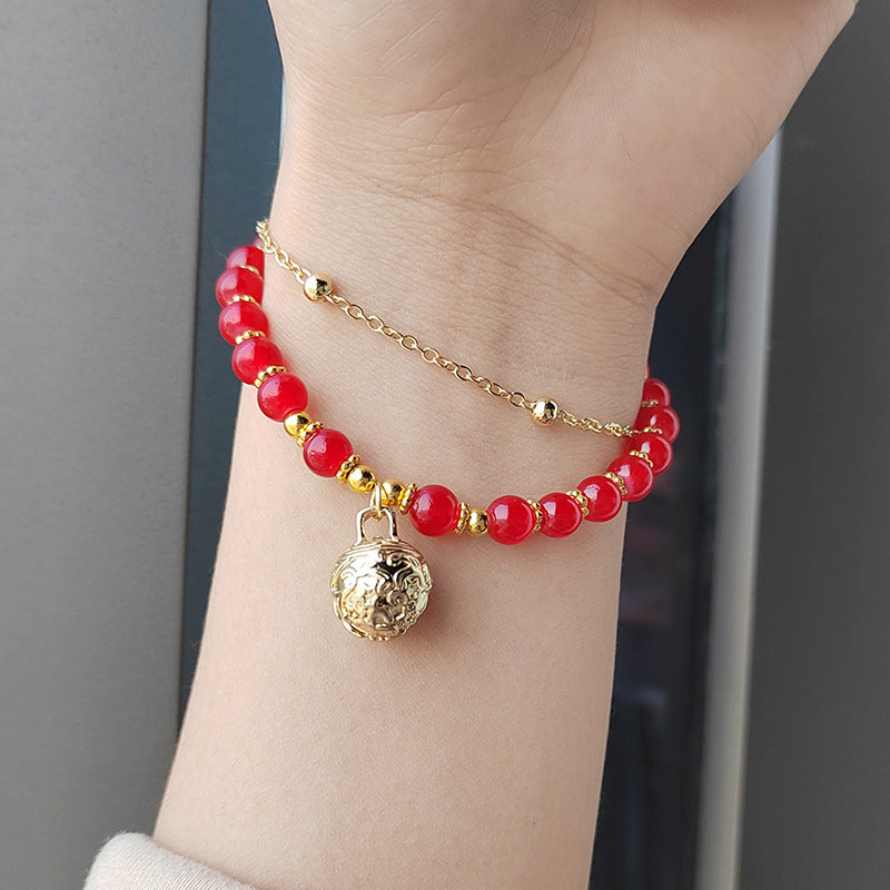 New Chinese Style Red Agate Double Layer Bell Bracelet for Women, Unique Design, Best Friend Layered Bracelet