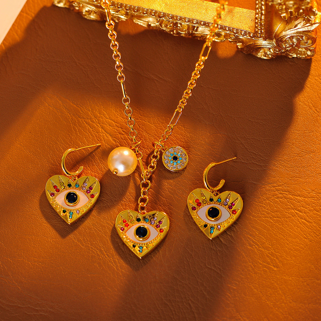 New Colorful Devil's Eye Heart Necklace for Women with Micro Pave Zirconia, Light Luxury High-end Earrings Set