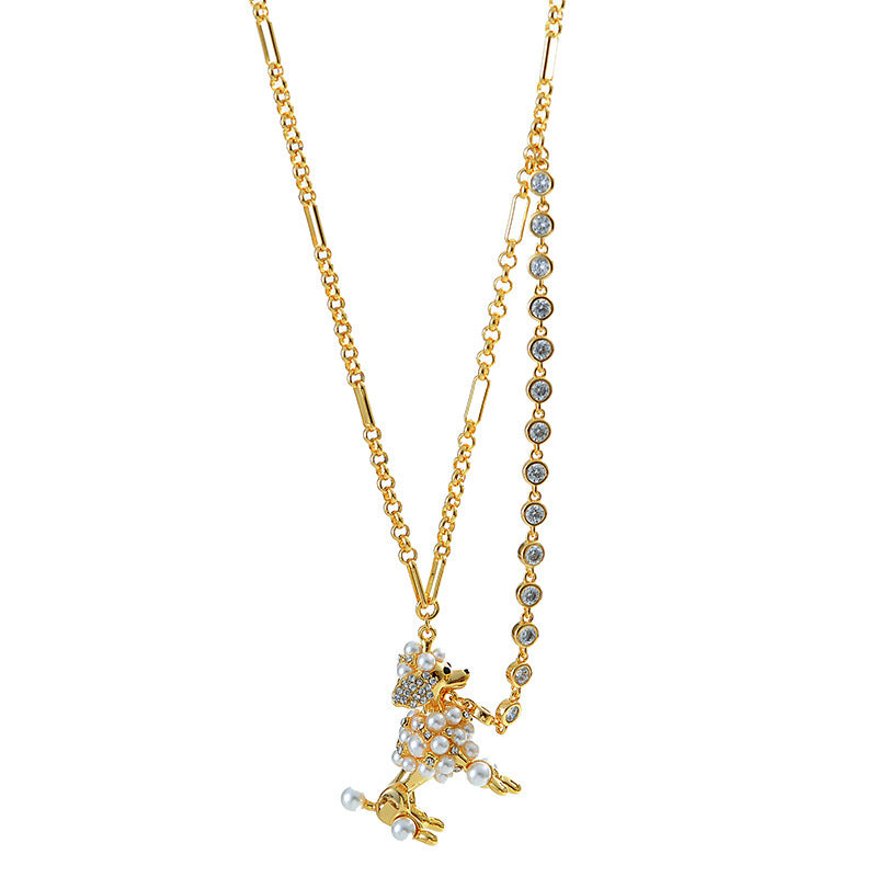 European and American Jewelry Creative Personality Sparkling Diamond Fun Cute Pearl 3D Dog Shape Necklace