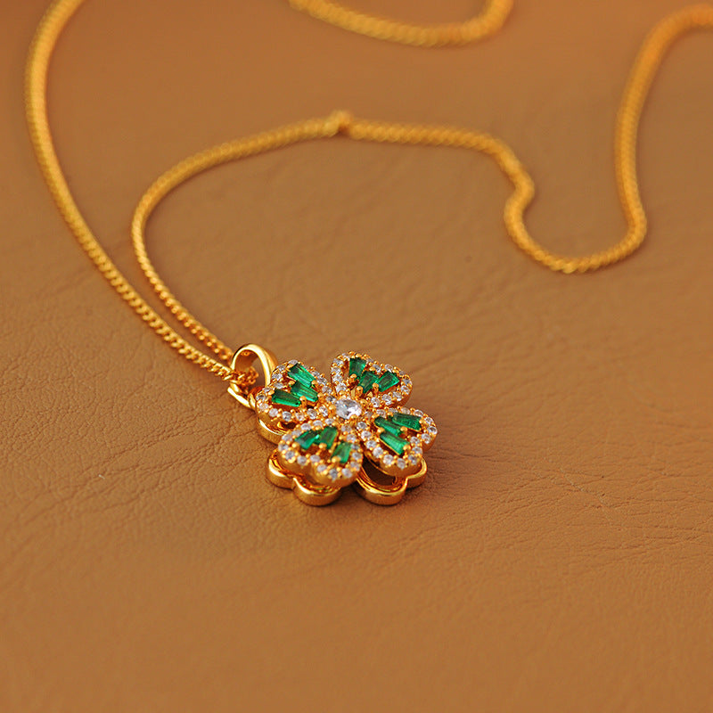 Japanese and Korean Exquisite Small Rotating Four-Leaf Clover Fashion High-End Micro-Inlaid Zircon Pendant Versatile High-End Necklace Collarbone Chain