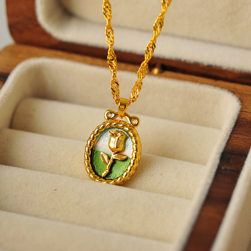 Monet's Garden Vintage Oil Painting Style Necklace Light Luxury Niche Design Rose Flower High-end Clavicle Chain Choker