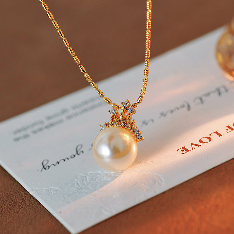 Dream Castle Princess Necklace French Court Style Shijia Pearl Collarbone Chain 18K Gold Plated Pearl Earrings Set for Women