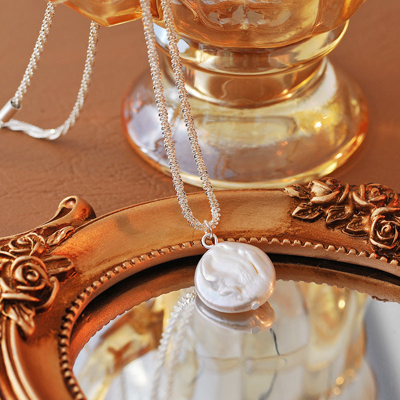 Sparkling Necklace for Women, Shiny Plain Chain, Natural Baroque Pearl Collarbone Chain, Korean Version, Niche Light Luxury Necklace
