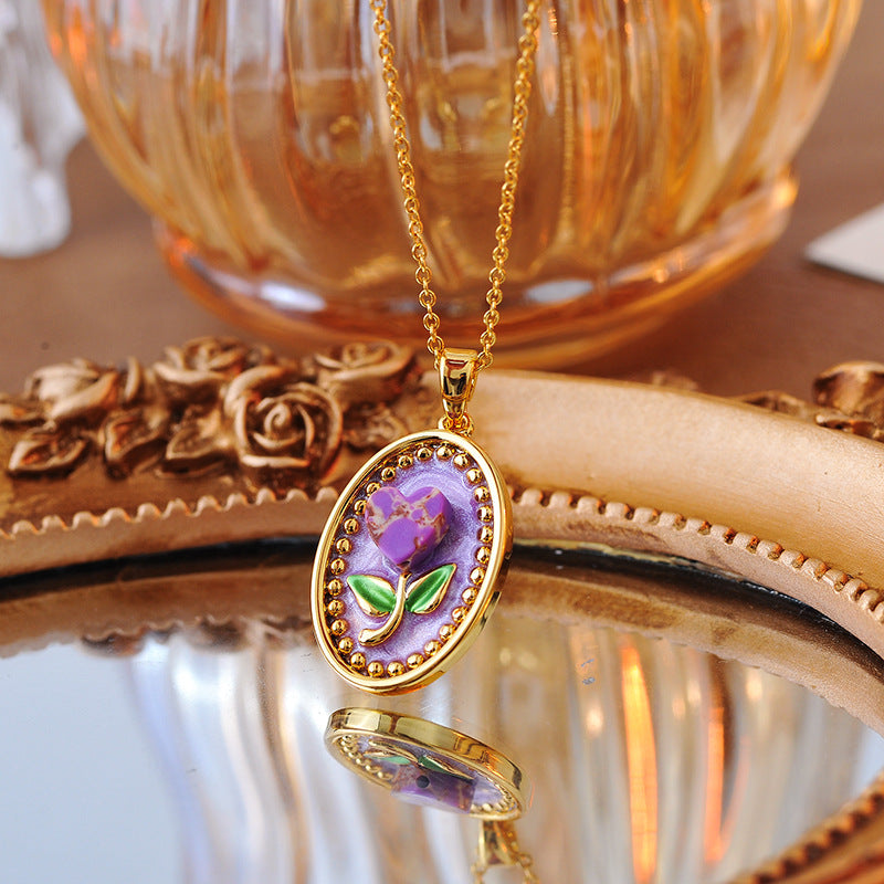 Niche Retro Oil Painting Pink Rose Pendant Necklace for Women, Vintage New Chinese Style, National Style, Light Luxury