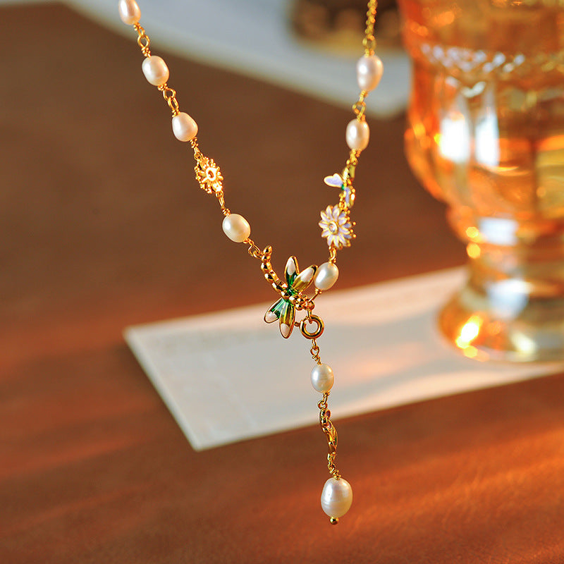 New Chinese Style Natural Pearl Necklace Enamel Painted Dragonfly Flower Artistic National Style Light Luxury Oil Painting Retro Collarbone Chain