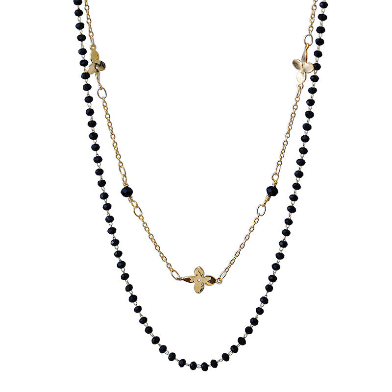 Electroplated Fashion Exquisite Double Layer Stacked Four-Leaf Flower Obsidian High-End Personality Necklace Versatile Collarbone Chain Choker