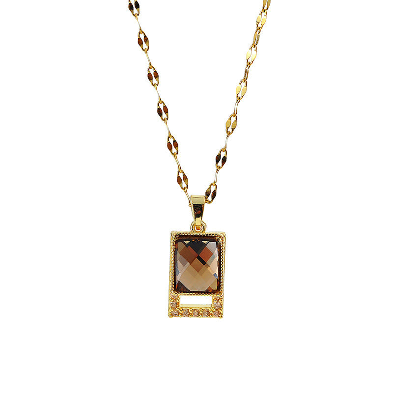 Fashion Melad Diamond-Encrusted Coffee Crystal Necklace for Women, Internet Celebrity Hot Item, Elegant Light Luxury Sweater Chain with Rectangular Pendant