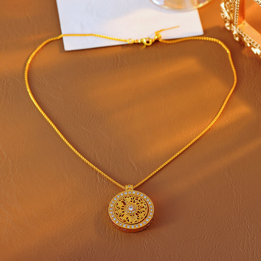 Gold Shop Same Style Ancient Method Sand Gold Inlaid with Diamonds Auspicious Eight Treasures Compass Necklace Pendant Rotatable Sweater Chain
