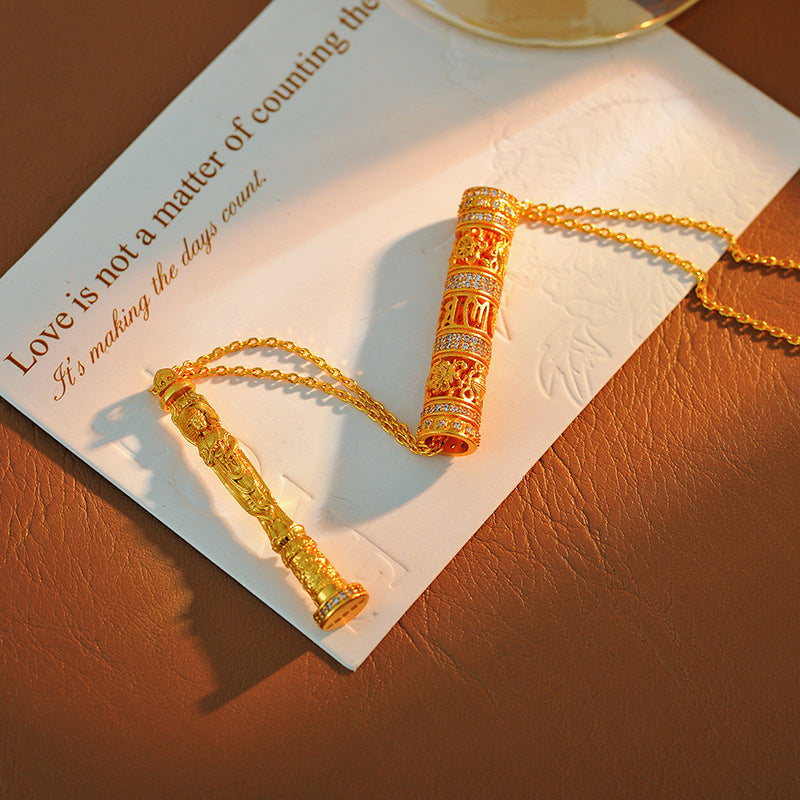 New Chinese Style Ancient Method Hollow Carved Inlaid Cylinder Necklace Eight Styles Portable Gold Buddha Necklace Prayer Wheel for Men and Women Couples