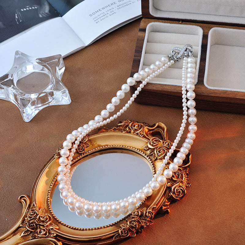 Double Layer Perfect Round Strong Light Pearl Necklace Niche Retro Layered Sweater Chain Light Luxury Neck Chain Detachable New Style