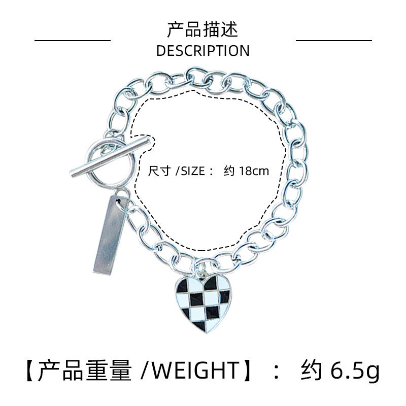 Unique Design Checkerboard Heart Pendant Bracelet for Women Trendy Cool Simple Fashion Bangle Accessories Japanese Korean Style