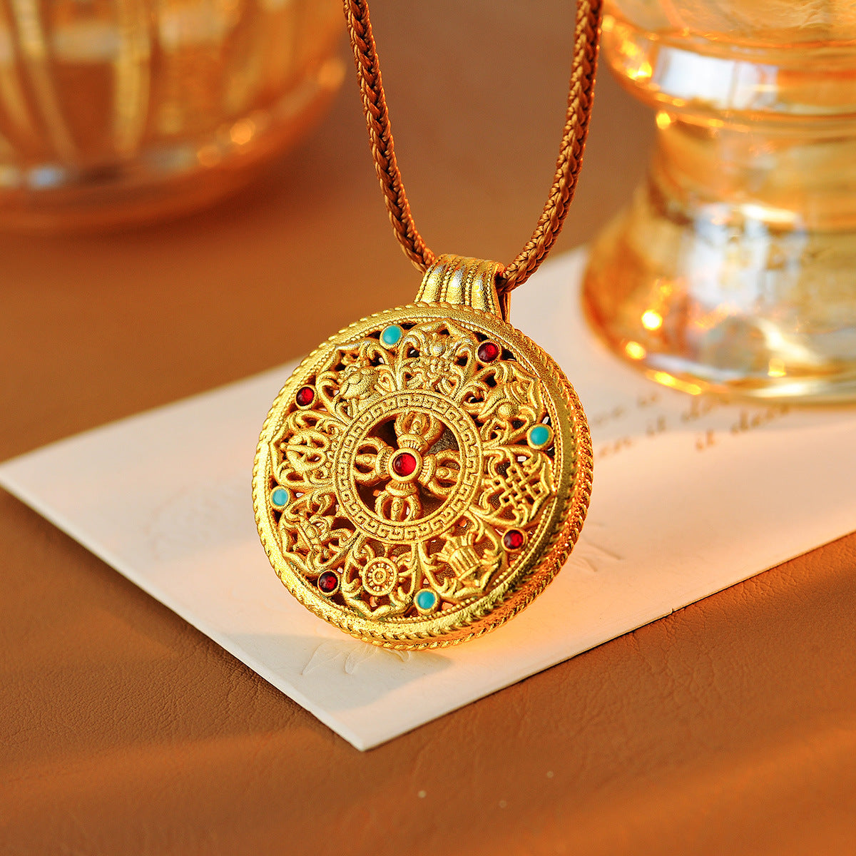 Traditional Hollow Filigree Enamel Eight Treasures Compass Pendant Braided Necklace for Women New Chinese Style High-end Feel