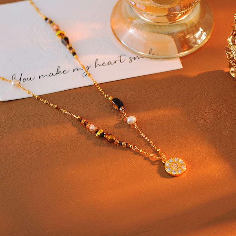 Full Diamond Eight-Pointed Star Round Pendant Necklace Beaded 2025 New Light Luxury Niche Autumn Winter Sweater Chain