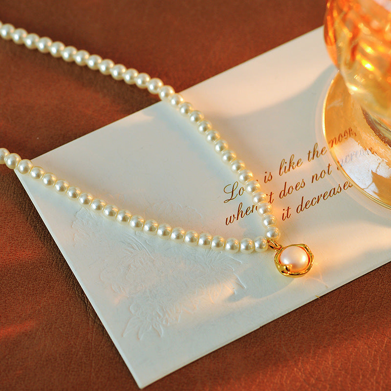 Korean Style New Shijia Necklace Metal Round Ring Freshwater Pearl Pendant Clavicle Chain Niche Design Sense Neck Chain