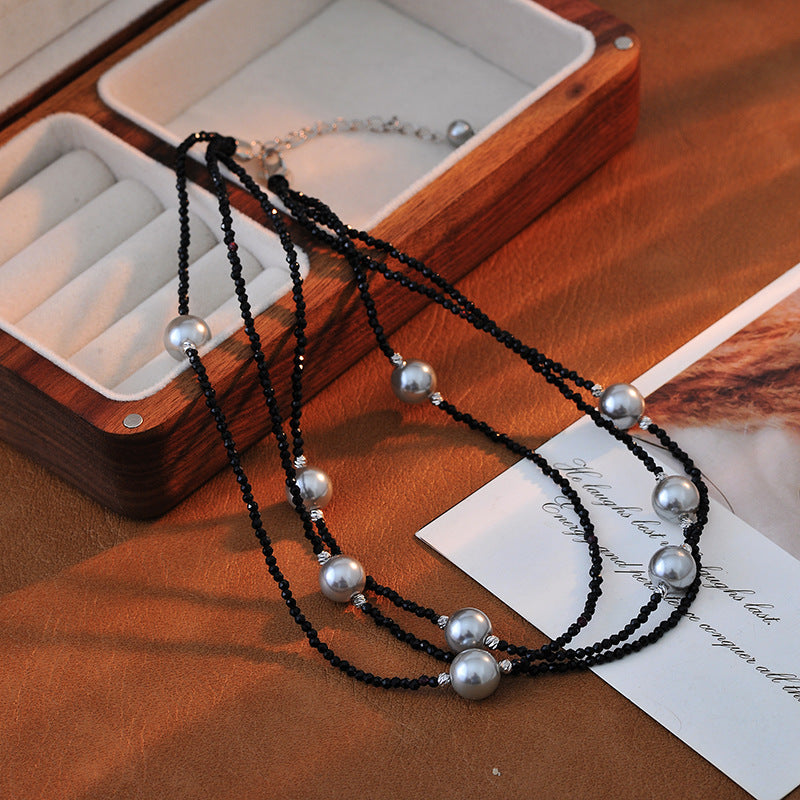 Fashion Versatile Exquisite Long Black Crystal Pearl Necklace Unique Design Double Layer Overlay Long Chain Multiple Wearing Styles