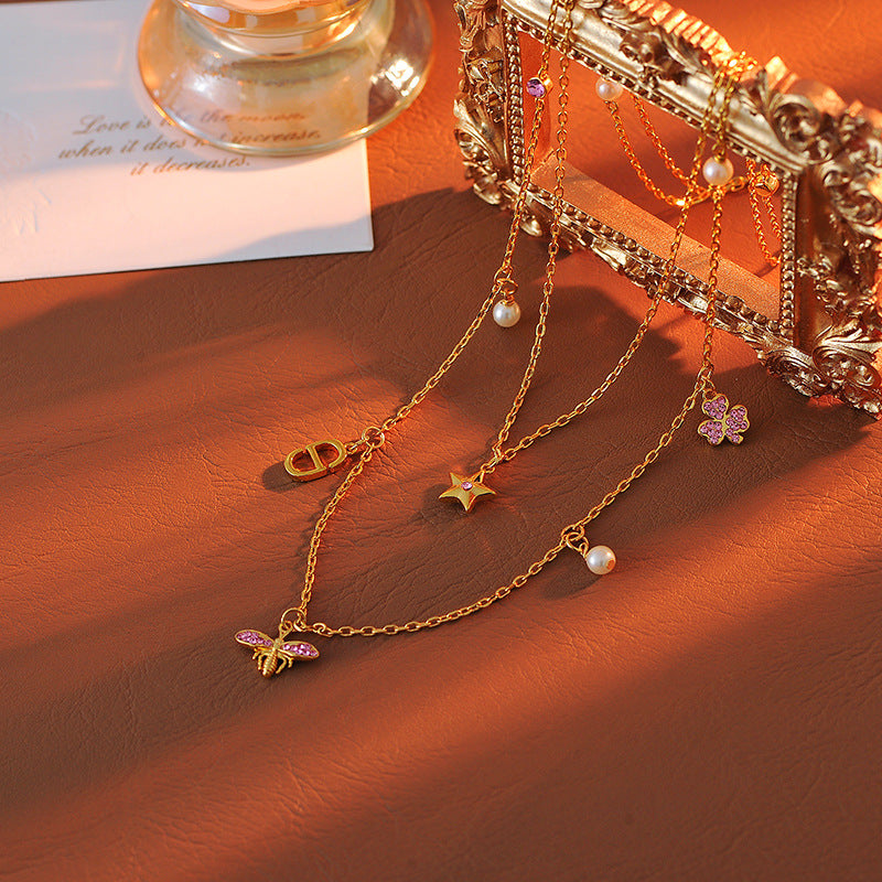 High-Quality D Brand New Double-Layer Necklace Niche Light Luxury High-End Feel CD Letter Pearl Star Collarbone Chain Necklace