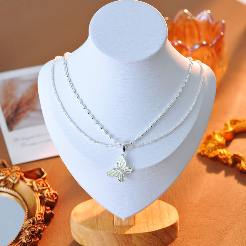 Silver Double Layer Butterfly Necklace Elegant Versatile High-end Gentle Sweet Fairy Niche Collarbone Chain A10134