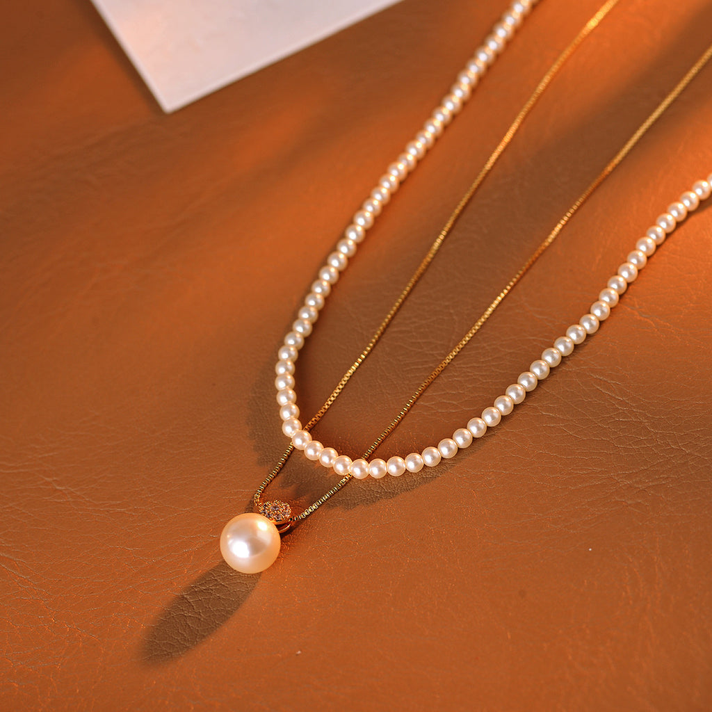 Shijia Zhenduo Hemp Single Pearl Pendant Necklace Autumn Winter Sweater Chain Elegant Double Layer Stacked Necklace