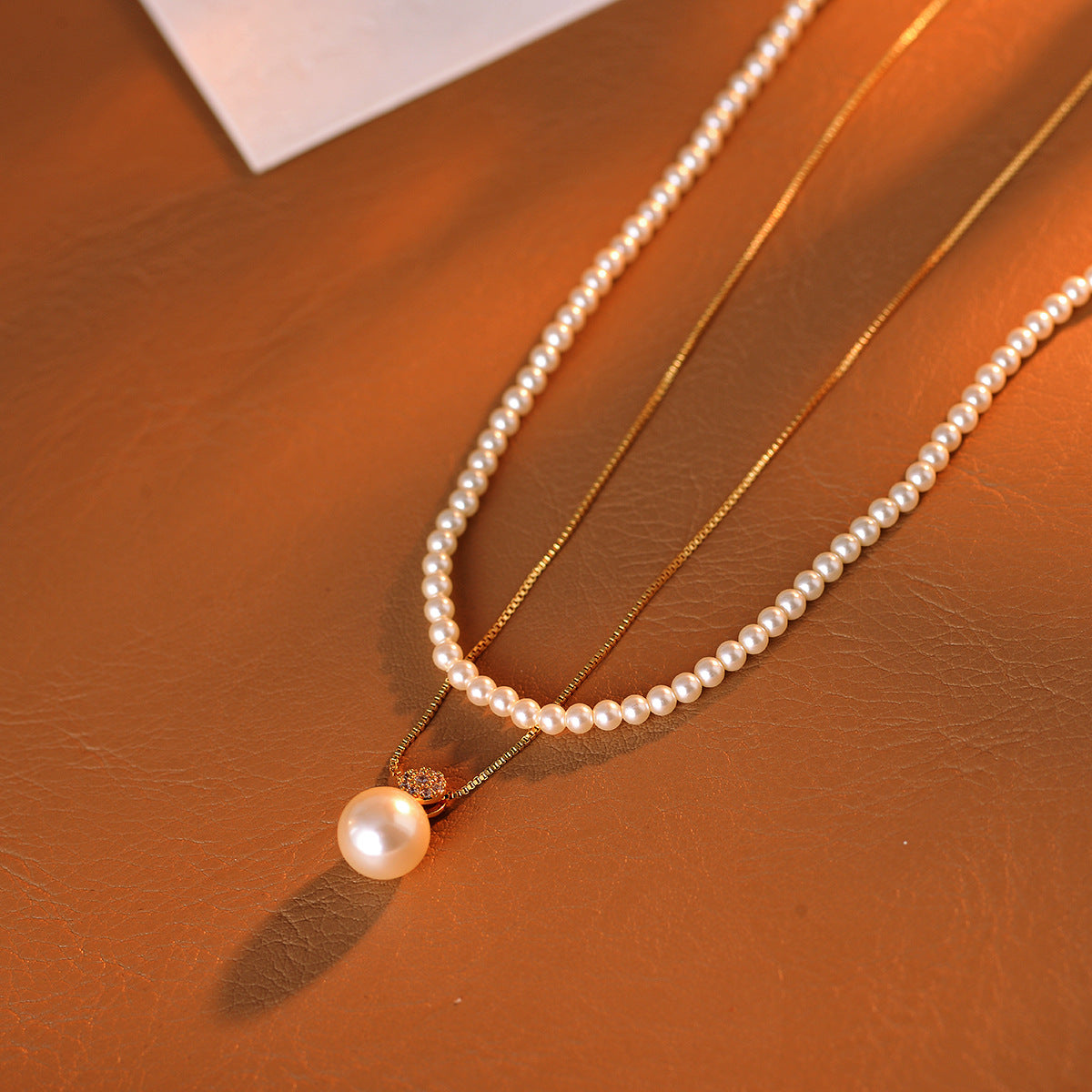 Shijia Zhenduo Hemp Single Pearl Pendant Necklace Autumn Winter Sweater Chain Elegant Double Layer Stacked Necklace