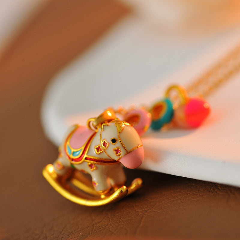 New Chinese Style Carousel Necklace for Women Dopamine Strong Treasure Color All Things Have Joy Collarbone Chain Enamel Oil Paint Necklace